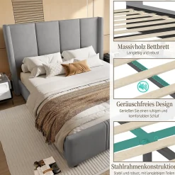 Okwish Lit double 140x190 cm - Lit capitonné moderne avec tête et pied de lit hauts, port USB intégré - Sans matelas - Gris foncé
