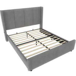 Okwish Lit double 140x190 cm - Lit capitonné moderne avec tête et pied de lit hauts, port USB intégré - Sans matelas - Gris foncé