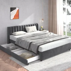 Okwish Lit Double 180x200 cm - Lit Capitonné en Velours Gris avec 2 Tiroirs de Rangement, Sommier à Lattes Inclus, Style Moderne