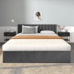 Okwish Lit Double 180x200 cm - Lit Capitonné en Velours Gris avec 2 Tiroirs de Rangement, Sommier à Lattes Inclus, Style Moderne