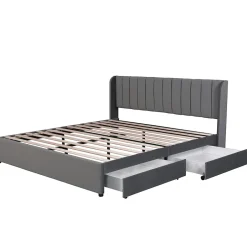 Okwish Lit Double 180x200 cm - Lit Capitonné en Velours Gris avec 2 Tiroirs de Rangement, Sommier à Lattes Inclus, Style Moderne