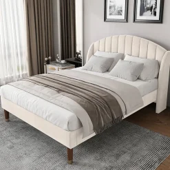 Okwish Lit Double 140x190 cm - Lit Capitonné ado - Velours - Élégance Moderne - Sans Matelas - Beige