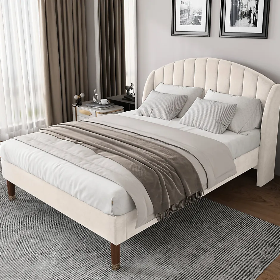 Okwish Lit Double 140x190 cm - Lit Capitonné ado - Velours - Élégance Moderne - Sans Matelas - Beige