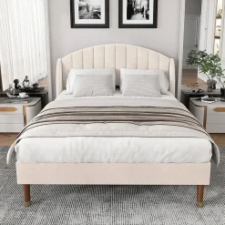 Okwish Lit Double 140x190 cm - Lit Capitonné ado - Velours - Élégance Moderne - Sans Matelas - Beige