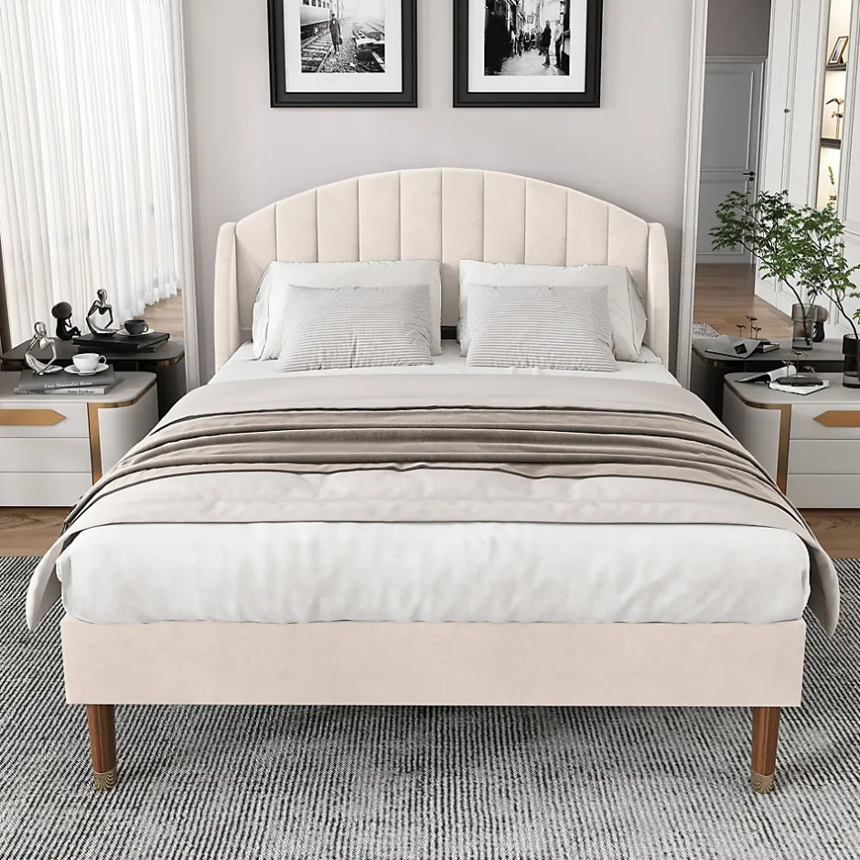 Okwish Lit Double 140x190 cm - Lit Capitonné ado - Velours - Élégance Moderne - Sans Matelas - Beige
