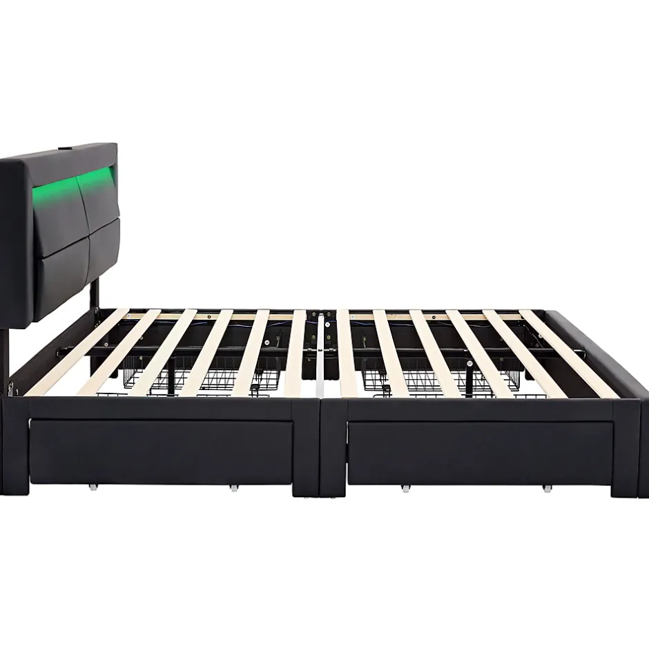 Okwish Lit Double 140x200 cm - Lit Capitonné PU avec Rangement et Ports USB - Éclairage LED Télécommandé - Noir - Sans Matelas Online