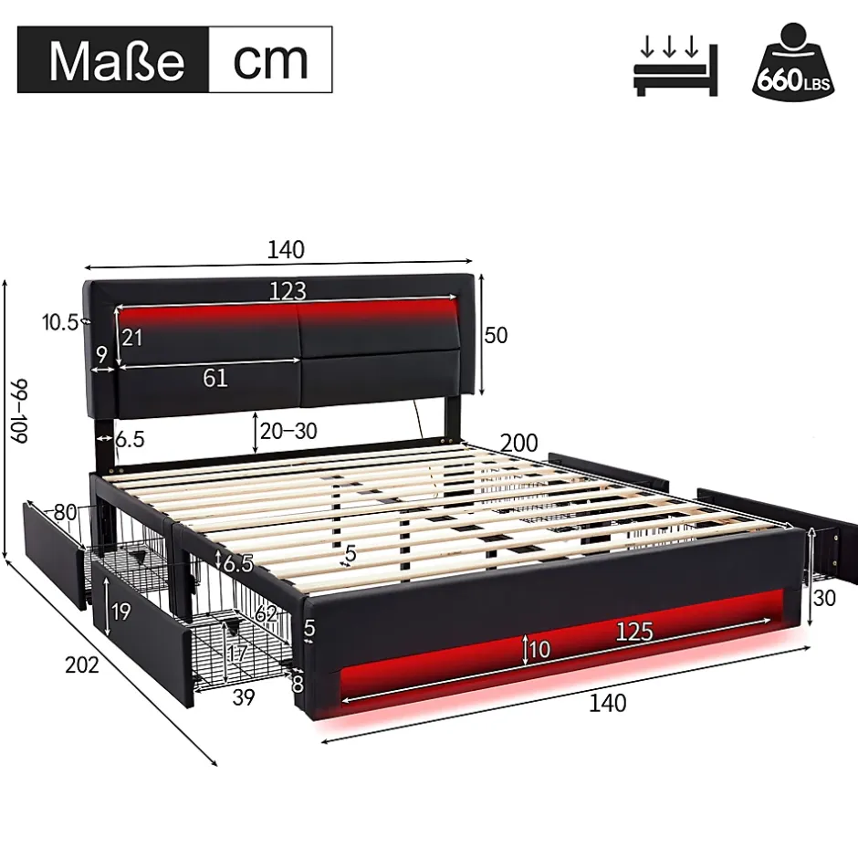 Okwish Lit Double 140x200 cm - Lit Capitonné PU avec Rangement et Ports USB - Éclairage LED Télécommandé - Noir - Sans Matelas Online