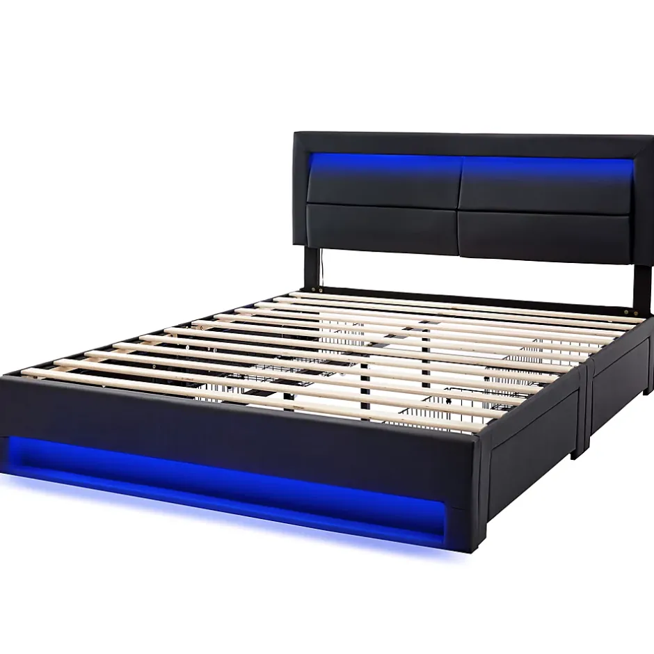 Okwish Lit Double 140x200 cm - Lit Capitonné PU avec Rangement et Ports USB - Éclairage LED Télécommandé - Noir - Sans Matelas Online
