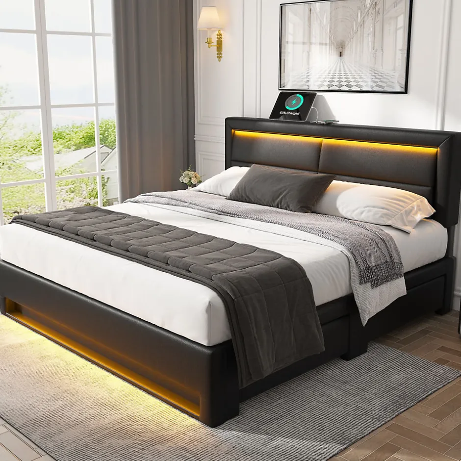 Okwish Lit Double 140x200 cm - Lit Capitonné PU avec Rangement et Ports USB - Éclairage LED Télécommandé - Noir - Sans Matelas Online