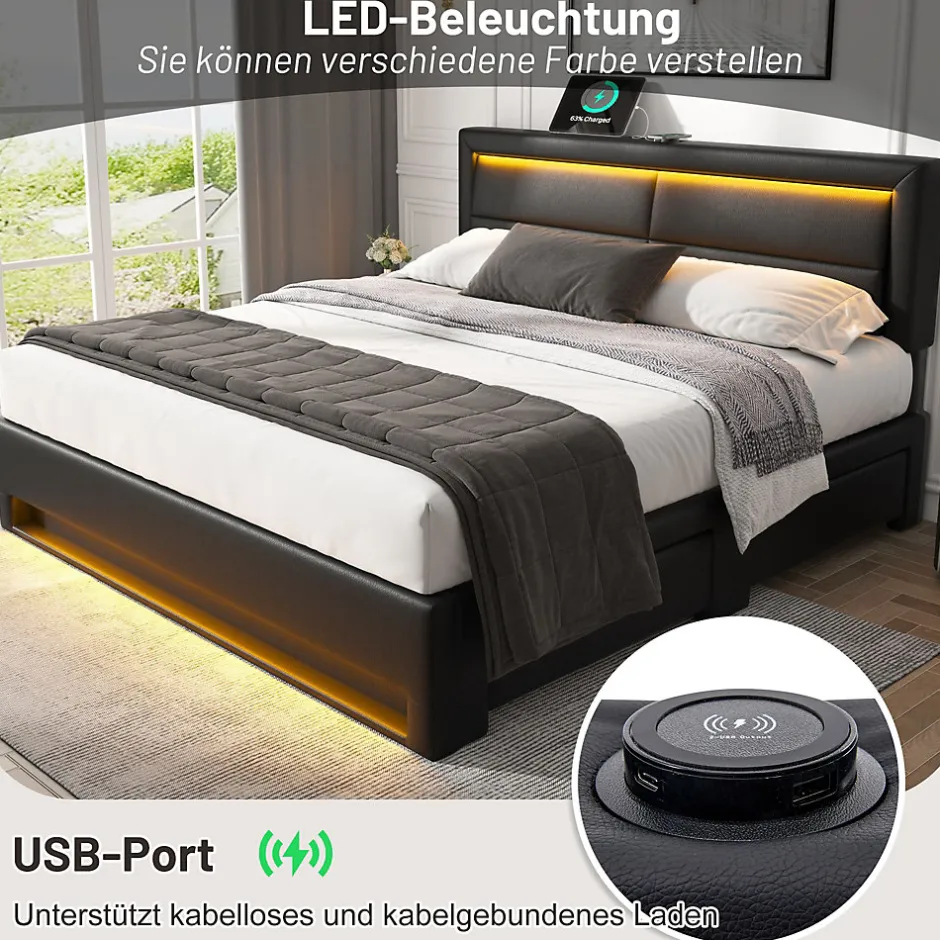 Okwish Lit Double 140x200 cm - Lit Capitonné PU avec Rangement et Ports USB - Éclairage LED Télécommandé - Noir - Sans Matelas Online