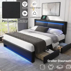 Okwish Lit Double 140x200 cm - Lit Capitonné PU avec Rangement et Ports USB - Éclairage LED Télécommandé - Noir - Sans Matelas Online