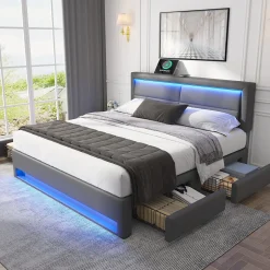 Okwish Lit Double 160x200 cm - Lit Capitonné PU avec Rangement et Ports USB - Éclairage LED Télécommandé - Gris - Sans Matelas