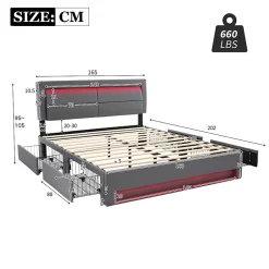 Okwish Lit Double 160x200 cm - Lit Capitonné PU avec Rangement et Ports USB - Éclairage LED Télécommandé - Gris - Sans Matelas