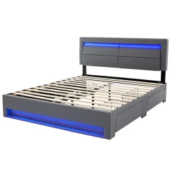 Okwish Lit Double 160x200 cm - Lit Capitonné PU avec Rangement et Ports USB - Éclairage LED Télécommandé - Gris - Sans Matelas