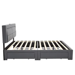 Okwish Lit Double 160x200 cm - Lit Capitonné PU avec Rangement et Ports USB - Éclairage LED Télécommandé - Gris - Sans Matelas
