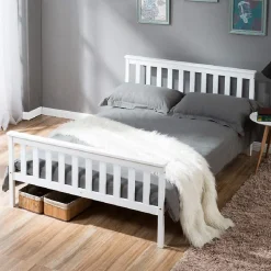 Okwish Lit double 140x200 cm - Lit classique avec sommier à lattes - Pin et MDF - Sans matelas - Blanc