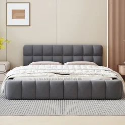 Okwish Lit double 140x190 cm - Lit classique avec dossier moelleux - Lin - Sans Matelas - Gris Hot