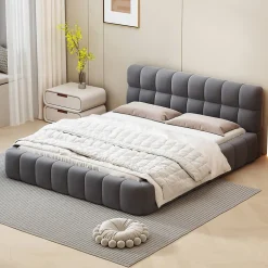 Okwish Lit double 140x190 cm - Lit classique avec dossier moelleux - Lin - Sans Matelas - Gris Hot