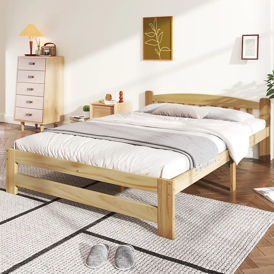 Okwish Lit double 140x200 cm - Lit classique avec tête de lit et sommier à lattes - Pin - Sans matelas - Naturel Best