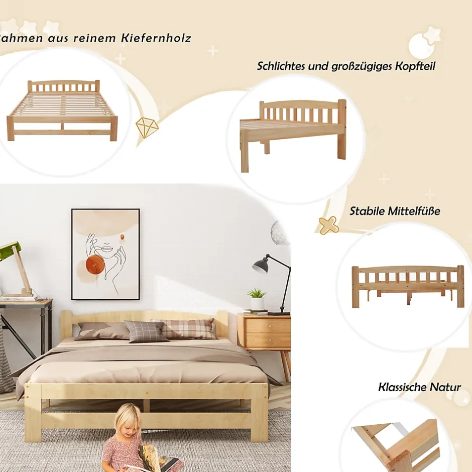 Okwish Lit double 140x200 cm - Lit classique avec tête de lit et sommier à lattes - Pin - Sans matelas - Naturel Best