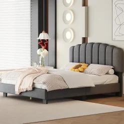 Okwish Lit Double 140x200 cm - Lit Classique avec Tête de Lit Réglable - Lin + MDF - Sans Matelas - Gris Best