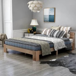 Okwish Lit Double 140x200 cm - Lit Double en Bois Massif avec Sommier Inclus, Style Minimaliste, Pin Naturel