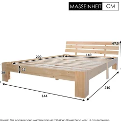 Okwish Lit Double 140x200 cm - Lit Double en Bois Massif avec Sommier Inclus, Style Minimaliste, Pin Naturel