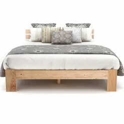 Okwish Lit Double 140x200 cm - Lit Double en Bois Massif avec Sommier Inclus, Style Minimaliste, Pin Naturel