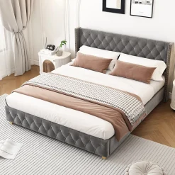 Okwish Lit Double 160x200 cm - Lit Double Rembourré avec Tête Boutonnée et Sommier - Velours - Sans Matelas - Gris Sale