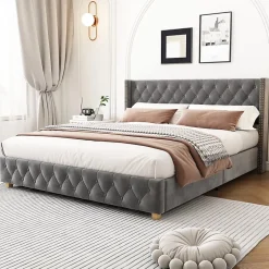 Okwish Lit Double 160x200 cm - Lit Double Rembourré avec Tête Boutonnée et Sommier - Velours - Sans Matelas - Gris Sale