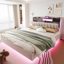 Okwish Lit Double 160x200 cm - Lit Double avec Rangement et USB, LED Intégrée, Lin Beige, Sans Matelas