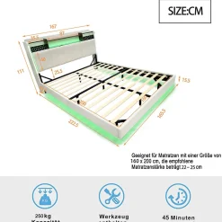 Okwish Lit Double 160x200 cm - Lit Double avec Rangement et USB, LED Intégrée, Lin Beige, Sans Matelas