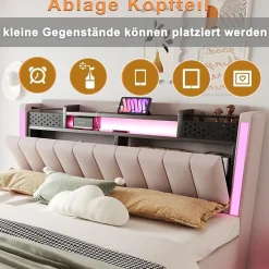 Okwish Lit Double 160x200 cm - Lit Double avec Rangement et USB, LED Intégrée, Lin Beige, Sans Matelas