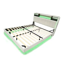 Okwish Lit Double 160x200 cm - Lit Double avec Rangement et USB, LED Intégrée, Lin Beige, Sans Matelas