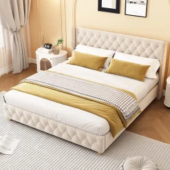 Okwish Lit Double 180x200 cm - Lit Double Rembourré avec Tête de Lit Capitonnée - Velours - Sans Matelas - Beige Clearance
