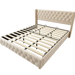 Okwish Lit Double 180x200 cm - Lit Double Rembourré avec Tête de Lit Capitonnée - Velours - Sans Matelas - Beige Clearance