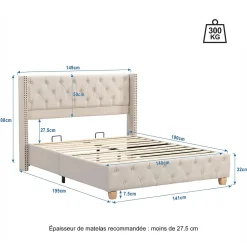 Okwish Lit Double 140x190 cm - Lit Double Rembourré avec Tête Capitonnée et Sommier à Lattes - Lin - Sans Matelas - Beige New