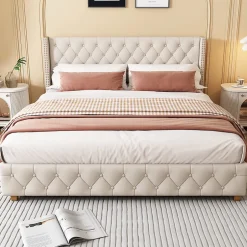 Okwish Lit Double 140x190 cm - Lit Double Rembourré avec Tête Capitonnée et Sommier à Lattes - Lin - Sans Matelas - Beige New