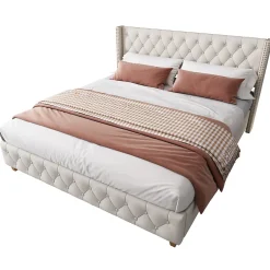 Okwish Lit Double 140x190 cm - Lit Double Rembourré avec Tête Capitonnée et Sommier à Lattes - Lin - Sans Matelas - Beige New