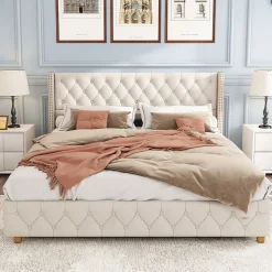 Okwish Lit Double 140x190 cm - Lit Double Rembourré avec Tête Capitonnée et Sommier à Lattes - Lin - Sans Matelas - Beige New