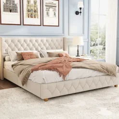Okwish Lit Double 140x190 cm - Lit Double Rembourré avec Tête Capitonnée et Sommier à Lattes - Lin - Sans Matelas - Beige New