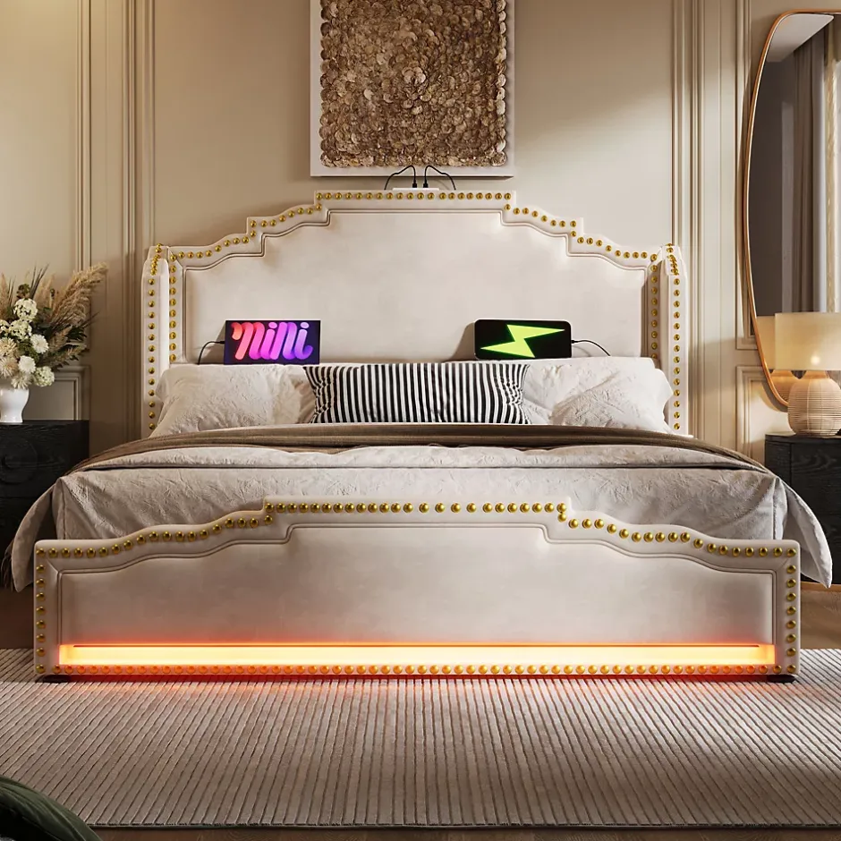 Okwish Lit double 140x200 cm - Lit double capitonné avec 4 Tiroirs, LED et USB-C, Rangement sous Matelas, Velours Beige, Matelas Inclus Hot
