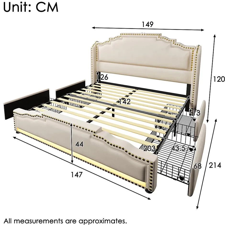 Okwish Lit double 140x200 cm - Lit double capitonné avec 4 Tiroirs, LED et USB-C, Rangement sous Matelas, Velours Beige, Matelas Inclus Hot