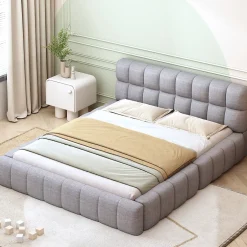 Okwish Lit Double 140x200 cm - Lit Double Ado Capitonné avec Tête de Lit et Sommier Inclus - Cadre en Lin Moderne - Sans Matelas - Gris Best