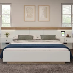 Okwish Lit double 140x200 cm - Lit en bois avec 2 tables de chevet et USB - Bois massif - Sans Matelas - Naturel Hot
