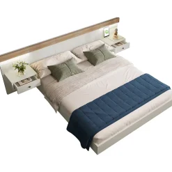 Okwish Lit double 140x200 cm - Lit en bois avec 2 tables de chevet et USB - Bois massif - Sans Matelas - Naturel Hot