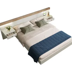 Okwish Lit double 160x200 cm - Lit en bois avec 2 tables de chevet et USB - Bois massif - Sans Matelas - Naturel