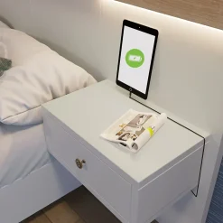 Okwish Lit double 180x200 cm - Lit en bois avec 2 tables de chevet et USB - Bois massif - Sans Matelas - Naturel Hot