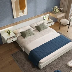 Okwish Lit double 180x200 cm - Lit en bois avec 2 tables de chevet et USB - Bois massif - Sans Matelas - Naturel Hot