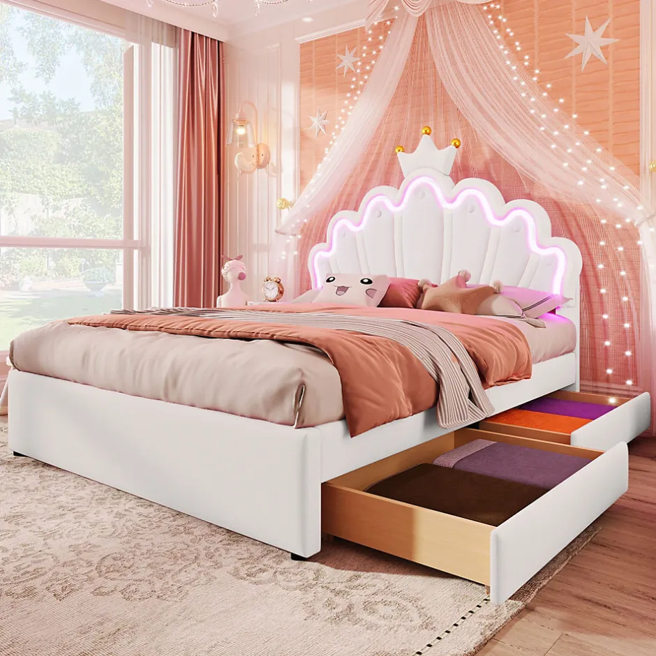Okwish Lit double 140x200 cm - Lit enfant avec 2 rangements - PU + MDF - Sans matelas - Blanc